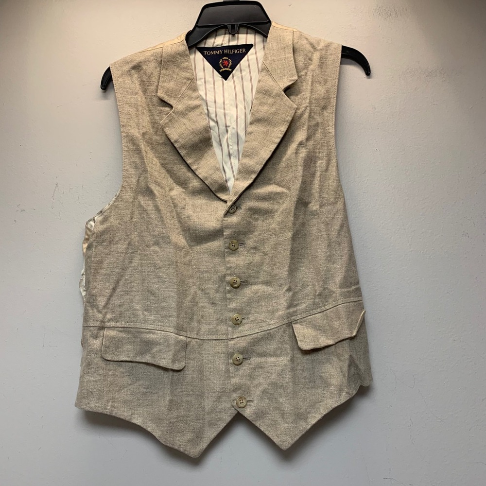 Tommy Hilfiger Waistcoat Vest Mens XL Tan Excellent Linen Blend Notch Lapel